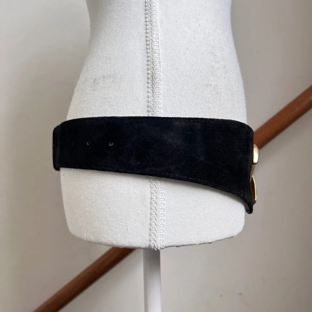 Vintage 80s Statement Belt Black Suede Leather Gold Ornate Buckle Wide Thick